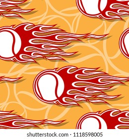 Seamless pattern with tennis ball symbol and hot rod flame. Vector illustration. Ideal for wallpaper packaging fabric textile wrapping paper design and any decoration.
