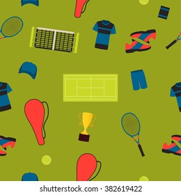 Seamless pattern tennis. Clothes and equipment. Vector illustration