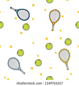 
Seamless pattern tennis equipment doodles hand drawn Line icons with stars on white Background.printing wallpaper.vector illustration