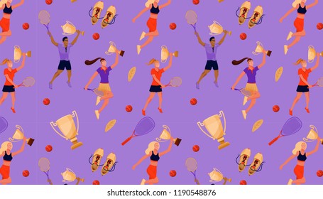 Seamless pattern with tennis players and equipments. Tennis racquet, ball, award cup and leave. Vector flat illustration for textile, print, postcard, invitation, poster, background, book, t-shirt.