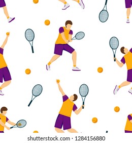 Seamless pattern of tennis players with tennis racket, flat style vector illustration. Sport concept.
