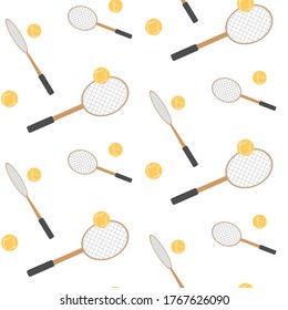 Seamless pattern with tennis racket and ball. Sports equipment for tennis. Isolated on white.