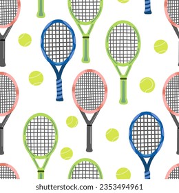 Seamless pattern with tennis racket and ball on white. Sport endless background