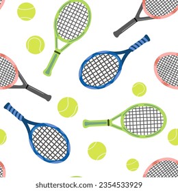 Seamless pattern with tennis racket and ball on white. Sport endless background