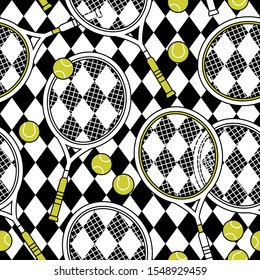 Seamless pattern of tennis racket with balls on checkered background.