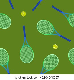 Seamless pattern with tennis rackets and ball on a green background. Vector illustration of a sports seamless background with rackets. Masked pattern with disassembled elements.