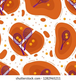 Seamless pattern with tennis rackets and balls on the court, flat style vector illustration. Sport concept.