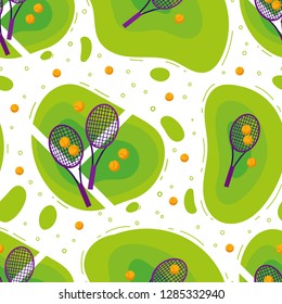Seamless pattern with tennis rackets and balls on the court grass, flat style vector illustration. Sport concept.