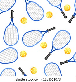 Seamless pattern with tennis rackets and balls in flat style. Stylized sport equipment background.