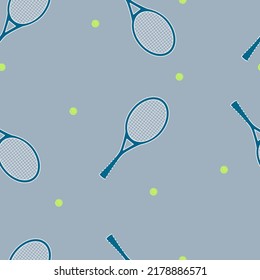 Patrón sin inconvenientes con raquetas de tenis y pelotas sobre fondo azul. Repetir el diseño vectorial. Ideal para tejidos, productos, papel de envoltura, productos deportivos. Fondo de pantalla de fondo. Ilustración vectorial.