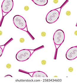 Seamless pattern Tennis rackets and balls on a white background. Popular sports. Vector illustration for wallpaper, wrapping paper, print.