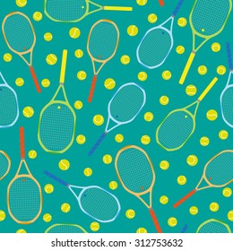 Seamless pattern with tennis rackets and balls.