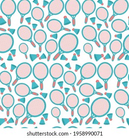 Seamless pattern with tennis rackets. Equipment for a sports game on the beach in badminton is a summer design element. Background for text or print for fabric. EPS10.