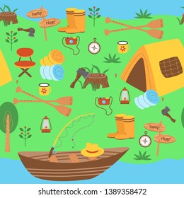 seamless pattern with a tent and boat on the river - vector illustration, eps