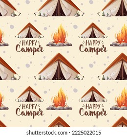 Seamless pattern with tent and campfire. Camping, traveling, trip, hiking, nature, campsite concept. Vector illustration. Perfect for product design, wallpaper, wrapping paper.