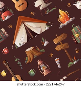 Nahtloses Muster mit Zelt, Gitarre, Lagerfeuer. Camping, Reisen, Ausflüge, Wandern, Natur, Campingplatz Konzept. Vektorgrafik. Perfekt für Produktdesign, Bildschirmhintergrund, Verpackungspapier.