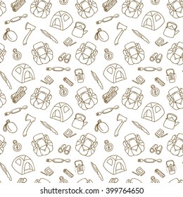 Seamless pattern  with tent, knife, Swiss Army knife, flashlight, compass, water bottle, binoculars, kettle, backpack, axe, firewood, matches.