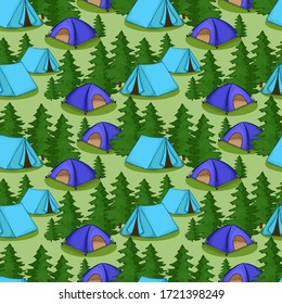 patrón transparente, carpas en el bosque, camping, papel pintado y adorno de tela, papel para envolver, fondo para el diseño