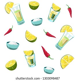 Seamless Pattern With Tequila, Shot, Lime. Vector Illustration