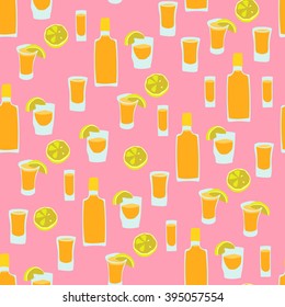 Seamless pattern of tequila shots on pink background. Vector illustration