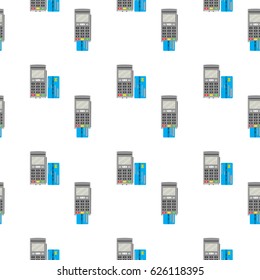 Seamless pattern terminal for payment and card. Paying retail device, background financial payment reader. Vector illustration
