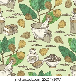 Nahtloses Muster mit Terminalia bellirica: terminalia bellirica Pflanze, Blätter und terminalia bellirica Frucht. Bibhitaki-Frucht. Kosmetische, parfümierende und medizinische Pflanze. Vektorgrafik handgezeichnet 