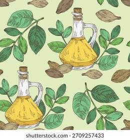 Padrão contínuo com terminalia chebula: planta de terminalia chebula, folhas e frutos haritaki e garrafa de óleo haritaki. Haritaki. Ilustração desenhada à mão vetorial.