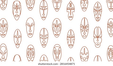 Seamless pattern of terracotta brown outline illustrations depicting various stylized African tribal masks on a white background, featuring ethnic cultural art and ritualistic face designs.