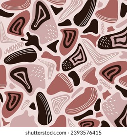 Seamless pattern with terracotta colours. Hand drawn various shapes and doodle objects. Abstract contemporary modern trendy vector illustration. Stamp texture. 