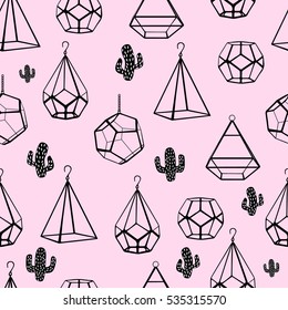 Seamless pattern. Terrarium and cactus. Vector. Concept of black cactus with terrariums on pink background. Cute home cacti.