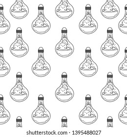 Seamless pattern terrarium in a light bulb. Succulent terrarium with blooming cactus, minimalistic home decoration house plant. Isolated on white - Vector.