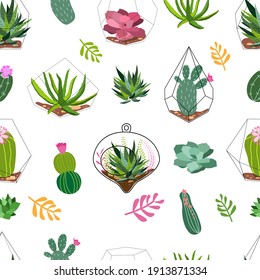 Seamless pattern with terrariums, cacti and succulents. Geometric terrariums set with succulents and cactus. Scandinavian style home decor. Glass crystal florariums isolated on white background.