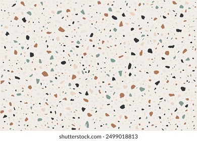 A seamless pattern of Terrazzo flooring composed of pieces of granite, quartz, glass and stone. The texture of a marble floor. Beige classic paving design. Vector wall background. Retro Venetian stone