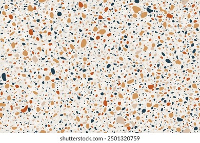 A seamless pattern of Terrazzo flooring composed of pieces of granite, quartz, glass and stone. The texture of a marble floor. Beige classic paving design. Vector wall background. Retro Venetian stone