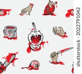 Seamless pattern with terrible cartoon pictures in a bloody puddles on a light backdrop. Repeatable vector background on a halloween theme with torn out human heart and eyes, severed head and hands