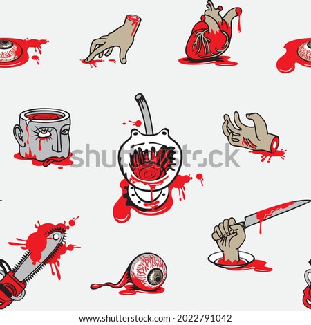 Seamless pattern with terrible cartoon pictures in a bloody puddles on a light backdrop. Repeatable vector background on a halloween theme with torn out human heart and eyes, severed head and hands