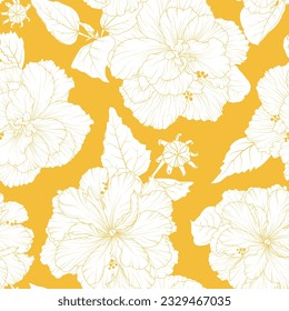 Seamless pattern of terry hibiscus on yellow background.  Hibiscus is changeable background. Floral print for fabric, wallpaper, wrapping paper, home decor and other designs.