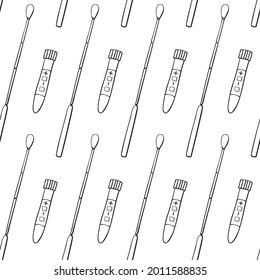 Nahtloses Muster mit Teströhren, Becherern und Swabs einzeln auf weißem Hintergrund. Covid-19-Test. Blutproben. Grippeanalyse für Laboratorien. Vektorgrafik-Doodle Medizinische Hintergründe und Texturen