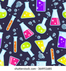 Seamless pattern of the test tubes, beakers, flasks and bubbles. Good for use in the medical, chemical, scientific field. Vector background.
