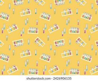 Seamless pattern Test tubes with colorful liquids in holder on white background. Chemical equipment for experiments. Vector illustration in a flat doodle style.