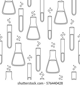 Seamless pattern with test-tubes icons collection. Black and white background with elements set. Chemical objects, hand drawn backdrop. Decorative wallpaper, good for printing
