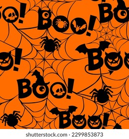 Seamless pattern with text Boo, spider web, eyes, scull and monster. Flat design. Simple halloween symbols on orange background