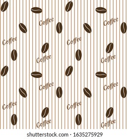 Seamless pattern with text coffee and coffee beans on a white striped background. Textile, cover, wallpaper, fabric, menu, kitchen.