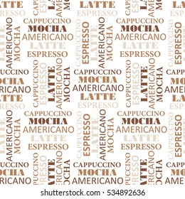 Seamless pattern with text. Coffee-colored background, coffee time. Decorative wallpaper, good for printing for cafe. White and brown backdrop vector