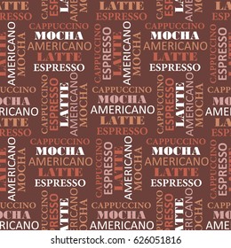 Seamless pattern with text. Coffee-colored background, coffee time. Decorative wallpaper, good for printing for cafe. Colorful backdrop vector