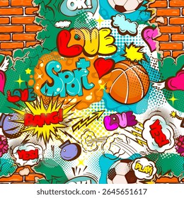Seamless pattern text comic and sports. hand drawing. Not AI, Vector illustration.