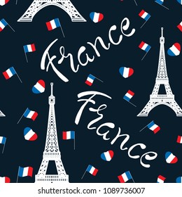 Seamless pattern text France, flags, hearts, Zyfela Tower on a dark background. Vector illustration
