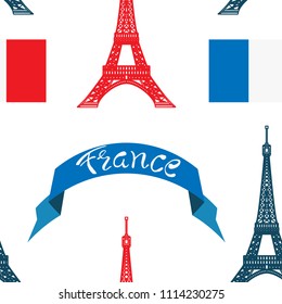 Seamless pattern text France, flags, Eiffel Tower  on white background. Vector illustration
