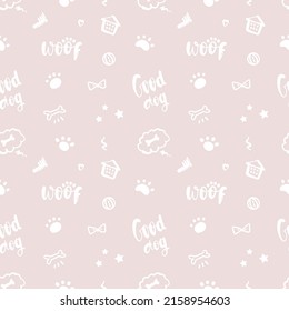 Seamless Pattern With Text Good Dog And Doodles, Paws On A Beige Background.