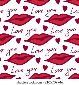 Seamless pattern with text Love, red lips and hearts on white background. Vector image.